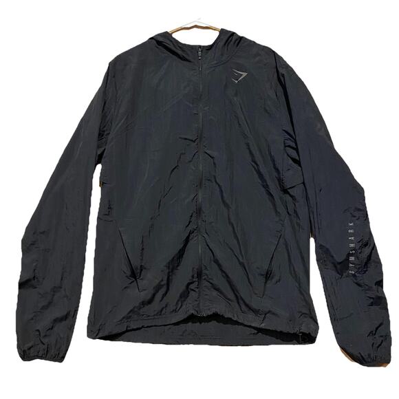 Gymshark Windbreaker Jacket Black Hooded Lightweight Full Zip Size M Mens - Picture 1 of 10